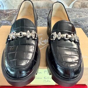 Christian Louboutin Black Croc-Embossed Loafers with Silver Accents Like NEW!!